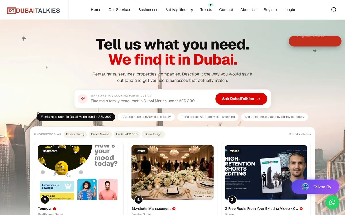 الصفحة الرئيسية لموقع DubaiTalkies.com، مع بحث Ask DubaiTalkies والمساعد Ely