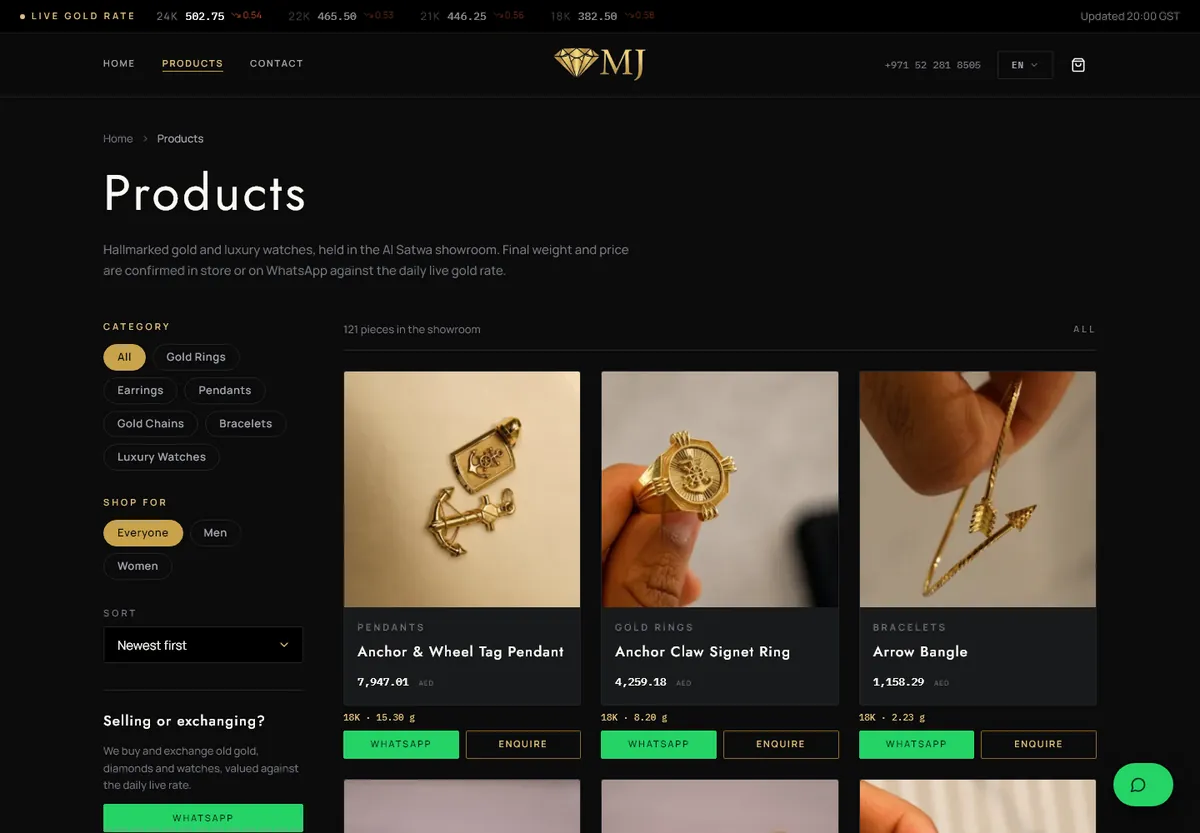 كتالوج Masoud Jewellery الإلكتروني، مع سعر الذهب الحالي والعيار والوزن على كل قطعة