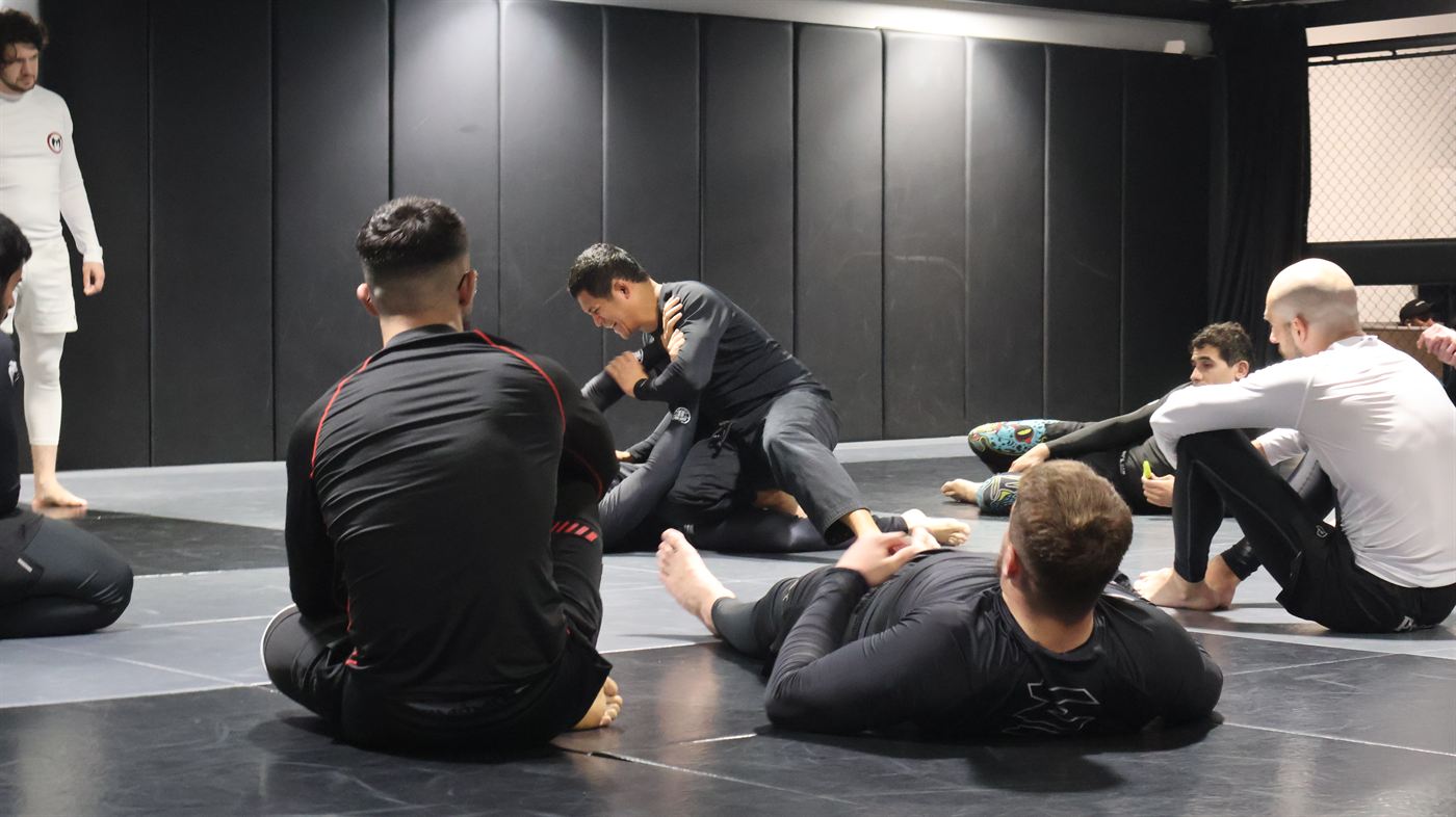 The class watching a ground sequence demonstrated from the mat