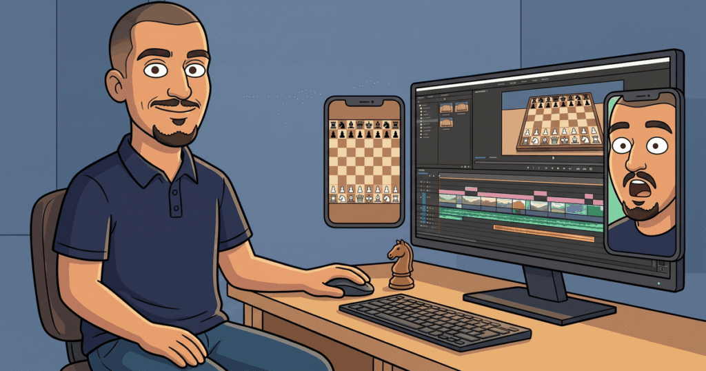 Illustration of Pouya at his editing desk: a chess position on the monitor timeline, with the reaction shot pulled out as a vertical Short