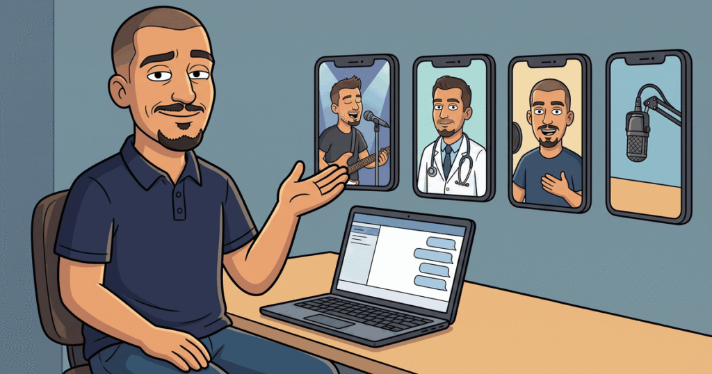 Illustration of Pouya at his desk beside four vertical spec clips from four different niches, with an inbox of unanswered pitches on the laptop