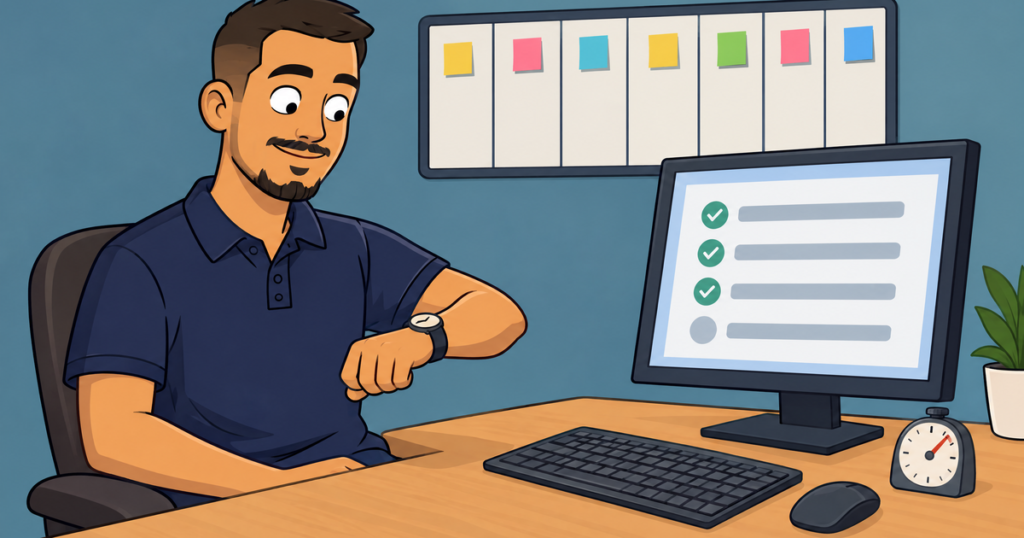 Cartoon illustration of an editor checking his watch beside a weekly calendar with colored sticky notes and a monitor showing a checklist and a stopwatch on the desk