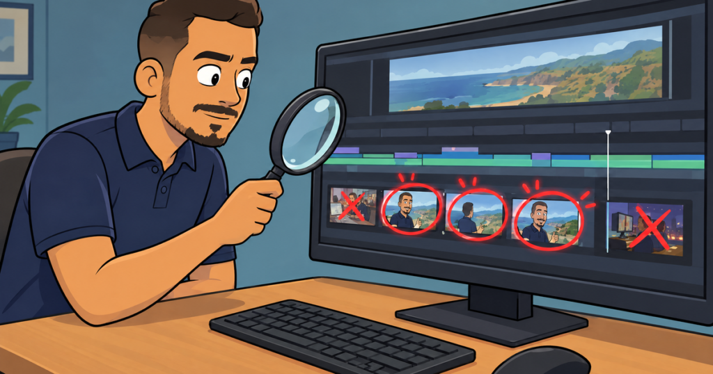 Cartoon illustration of an editor holding a magnifying glass over a video timeline, inspecting circled clip thumbnails and rejecting others marked with an X