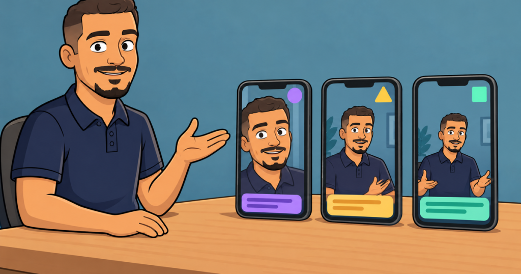 Cartoon illustration of an editor presenting three phones showing the same clip cropped and captioned differently for three different short-form platforms