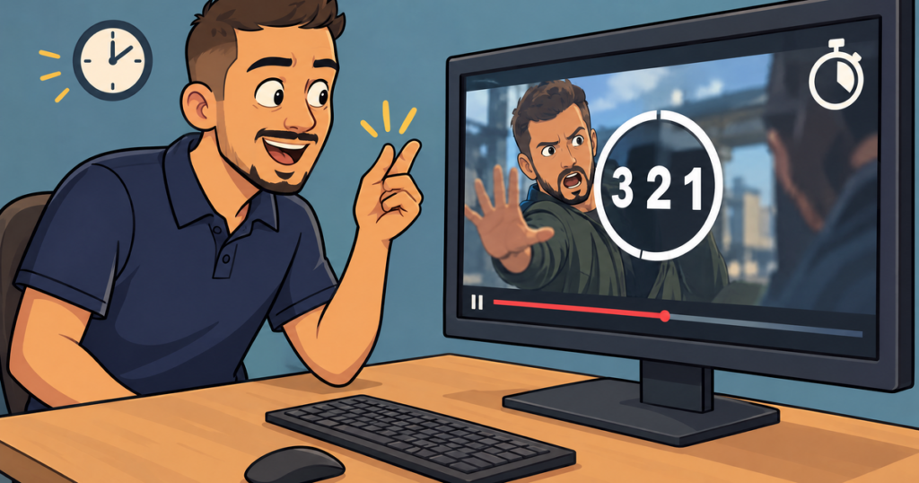 Cartoon illustration of an editor snapping his fingers at a monitor showing a paused dramatic video frame with a 3-2-1 countdown graphic representing the first seconds of a hook